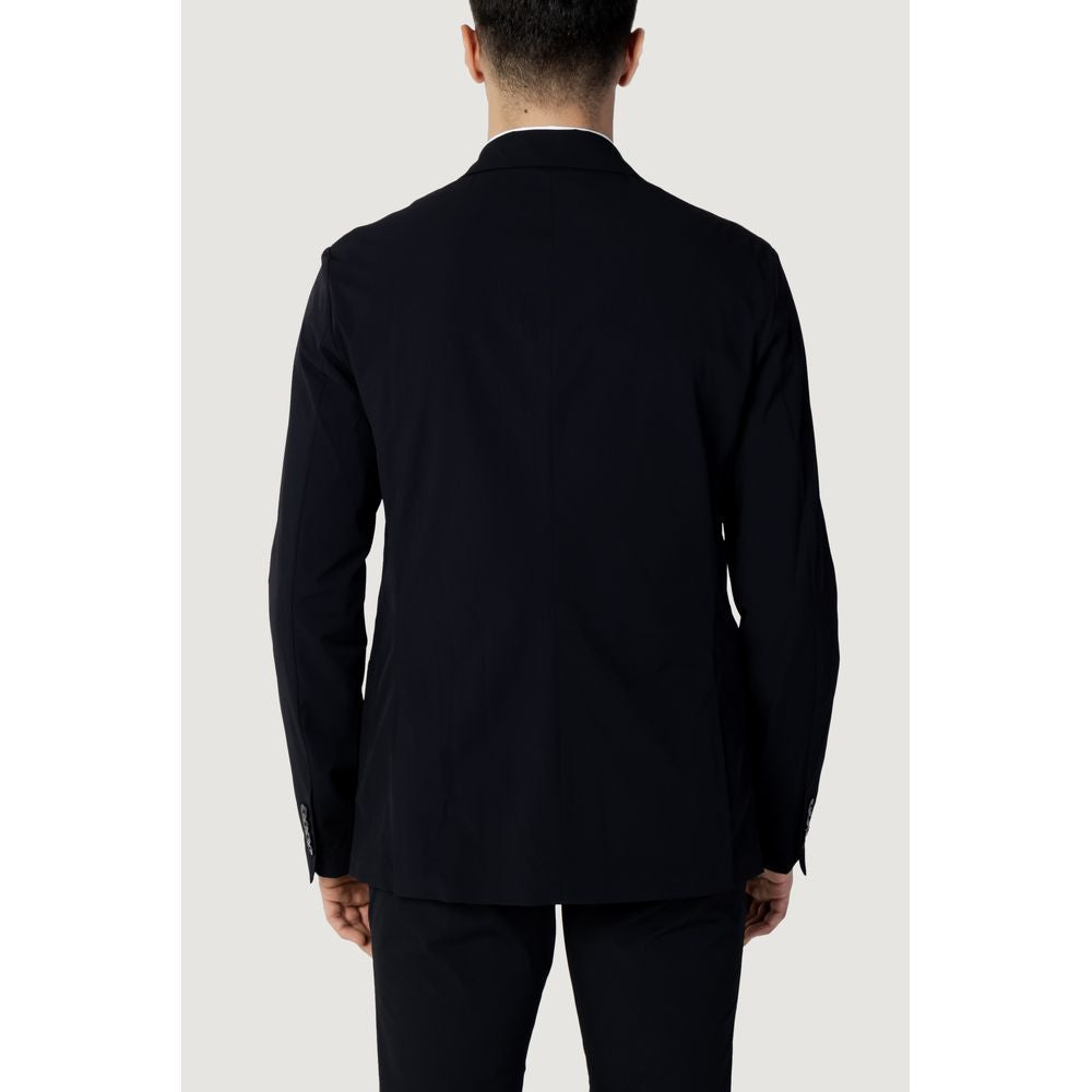 Back view of a man wearing Armani Exchange Blue Cotton Blazer, showing the design and fit, suitable for modern wardrobes.