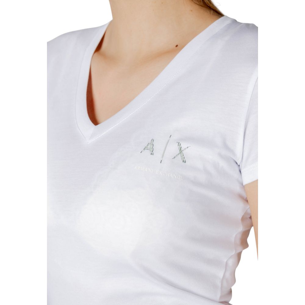 Armani Exchange White Cotton T-Shirt with V-neck and subtle logo on chest, women's essential wardrobe piece, short sleeve, lightweight breathable fit.