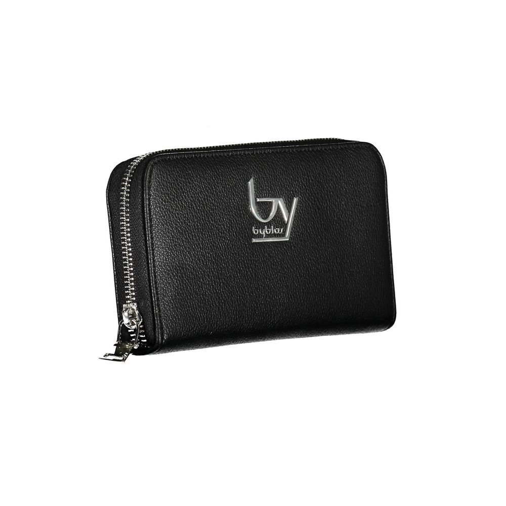 BYBLOS Black Polyethylene Wallet with zip closure, logo detail, 5 compartments, coin purse, and card slots, featuring contrasting details.
