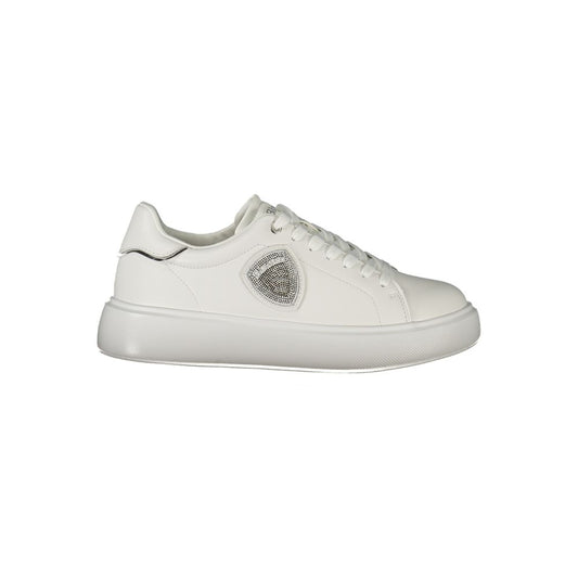 Blauer White Leather Women Sneaker with silver rhinestone accents and removable insole, featuring the iconic Blauer logo for urban chic style.
