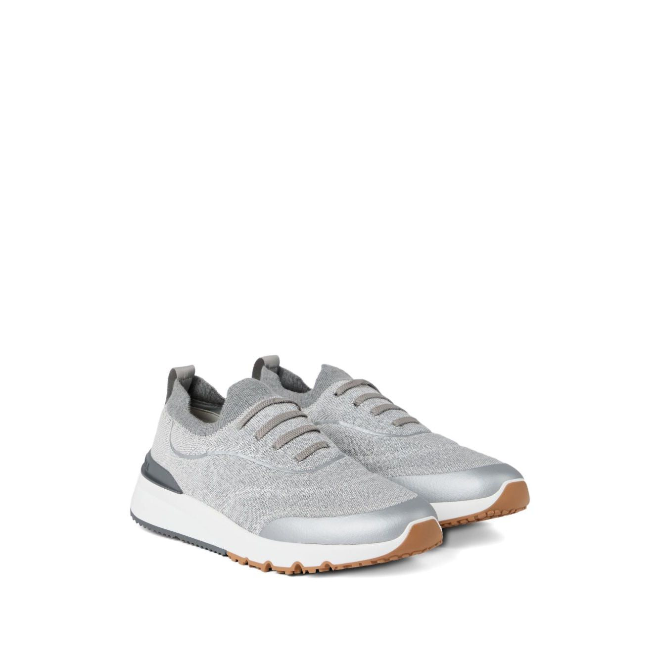 Brunello Cucinelli Techno cotton knit runners in light grey with flat sole and textured rubber heel insert