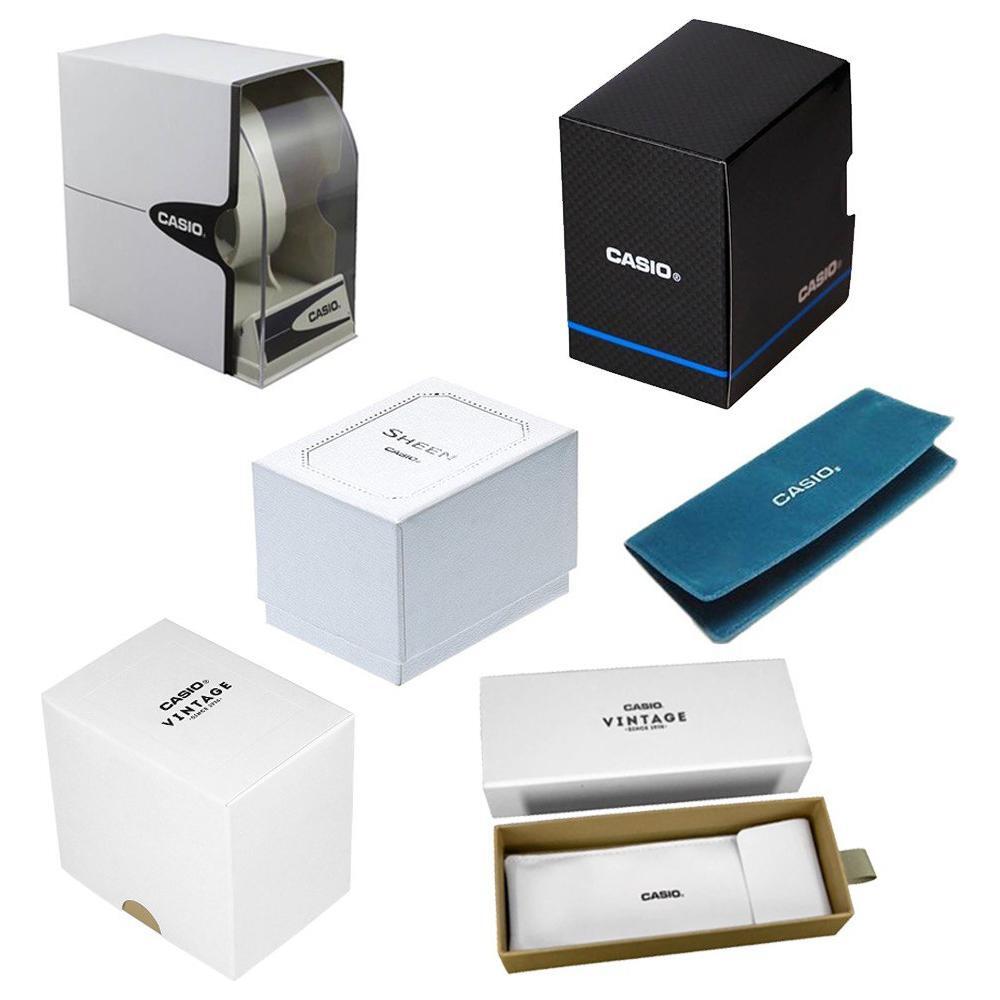 Packaging options for CASIO COLLECTION Mod. ONLY TIME. LEATHER - BLACK, showcasing various official Casio watch boxes.