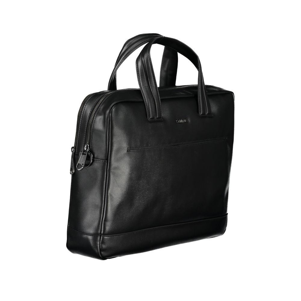 Calvin Klein Black Polyester Accessory briefcase with handles, adjustable strap, external pocket, laptop space, zip closure, logo visible.