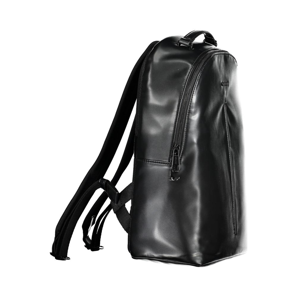 Calvin Klein Black Polyester Backpack with logo, adjustable straps, external pocket, and zip closure, made from recycled polyester.