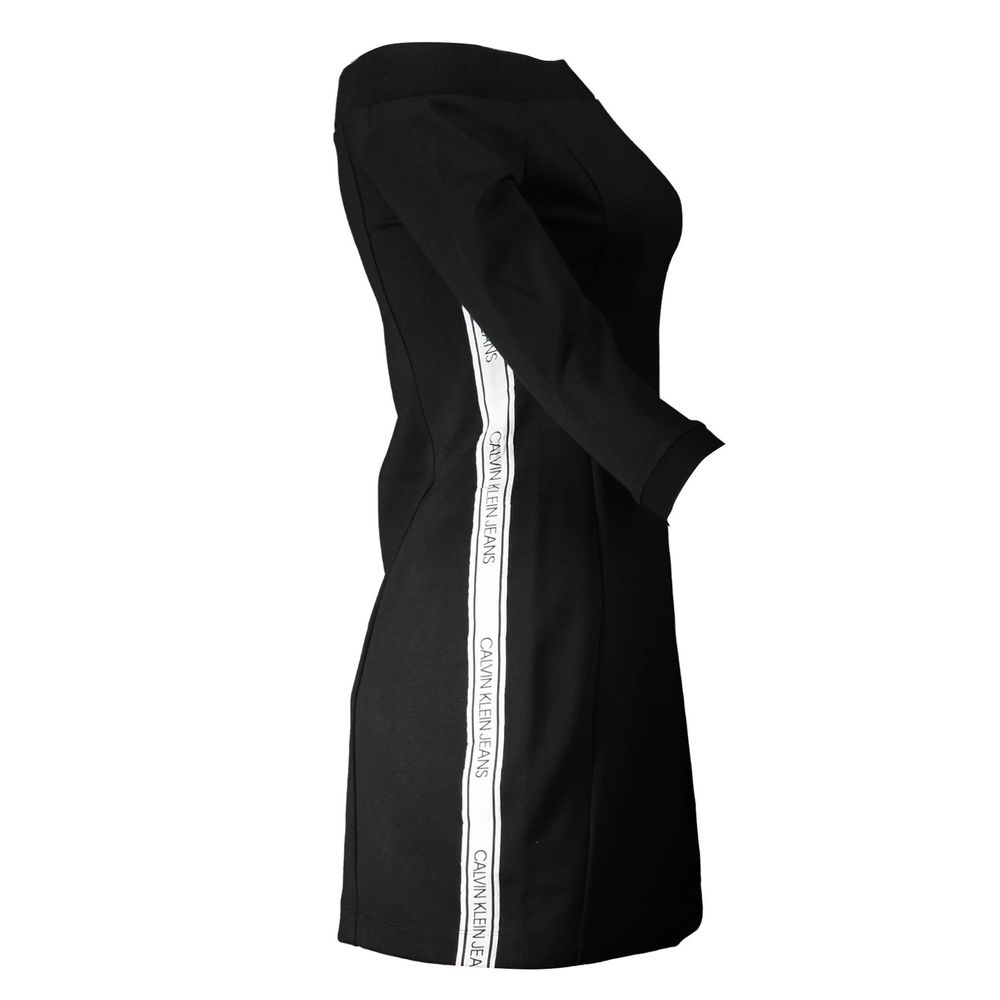 Calvin Klein Black Polyester Dress with bare shoulder neckline, 3/4 sleeves, contrasting details and logo on side view