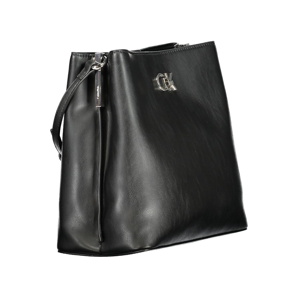 Calvin Klein Black Polyester Handbag with adjustable shoulder strap, logo, twist and magnet closure, and 50% recycled material.