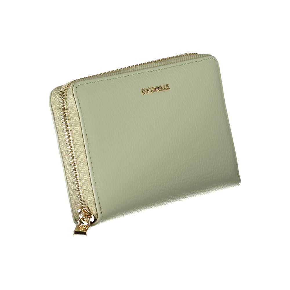 Coccinelle Green Leather Wallet with zip closure, five compartments, card spaces, and logo.