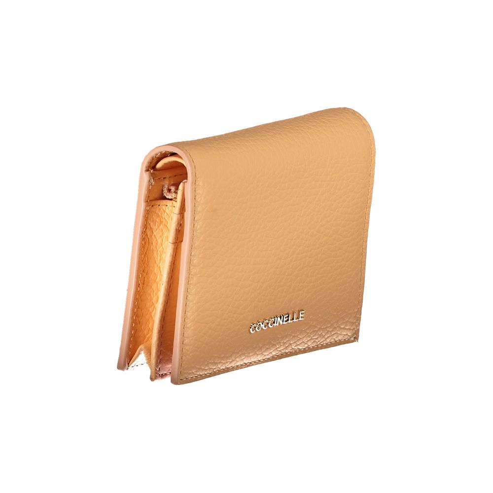 Coccinelle Orange Leather Wallet with 2 compartments, coin purse, card spaces, and logo, featuring zip and automatic closure.