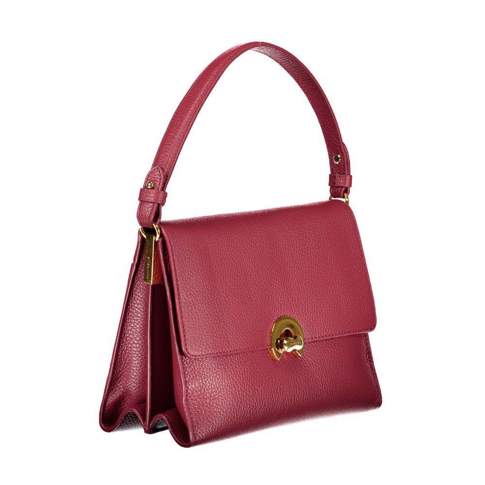 Coccinelle Red Leather Handbag with shoulder handle, zip closure, logo, internal pocket, and document holder space.