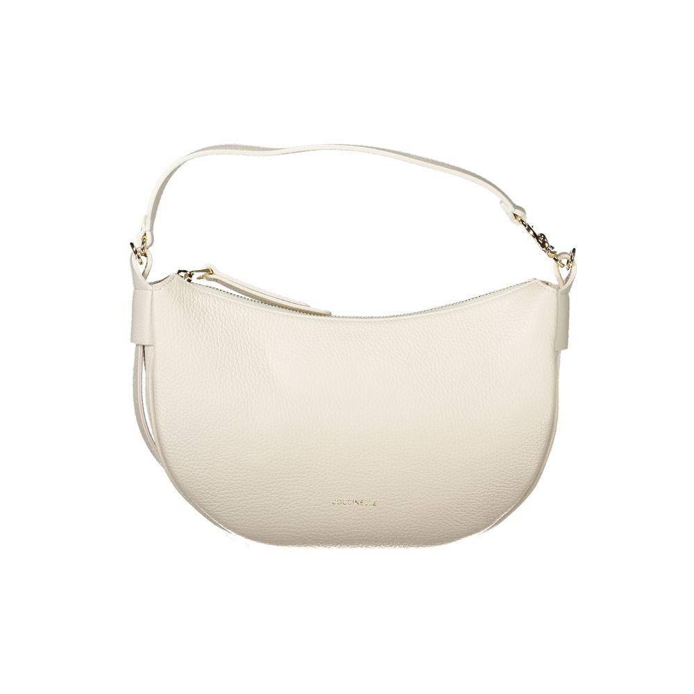 Coccinelle White Leather Handbag with adjustable strap and internal pocket, featuring zip closure and logo detail, elegant design.