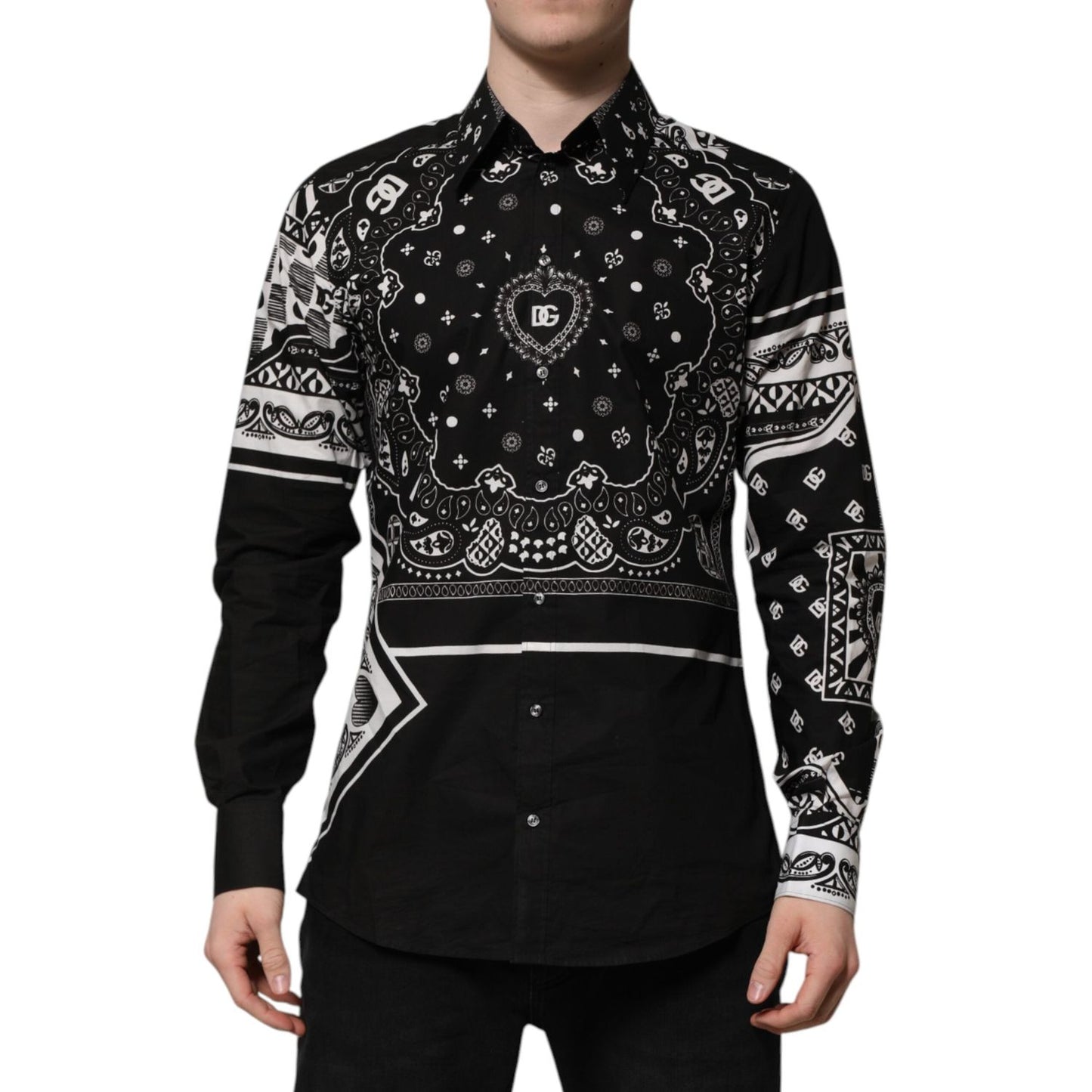 Dolce & Gabbana Black Bandana Print Logo MARTINI Dress Shirt TSH91323-43