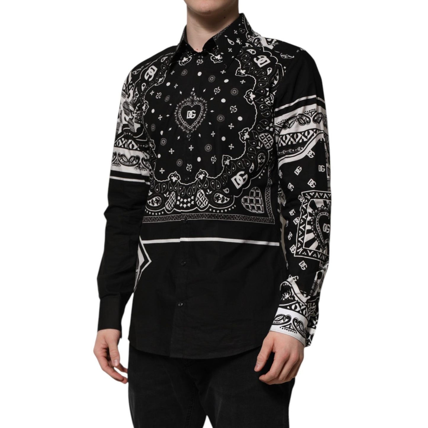 Dolce & Gabbana Black Bandana Print Logo MARTINI Dress Shirt TSH91323-43