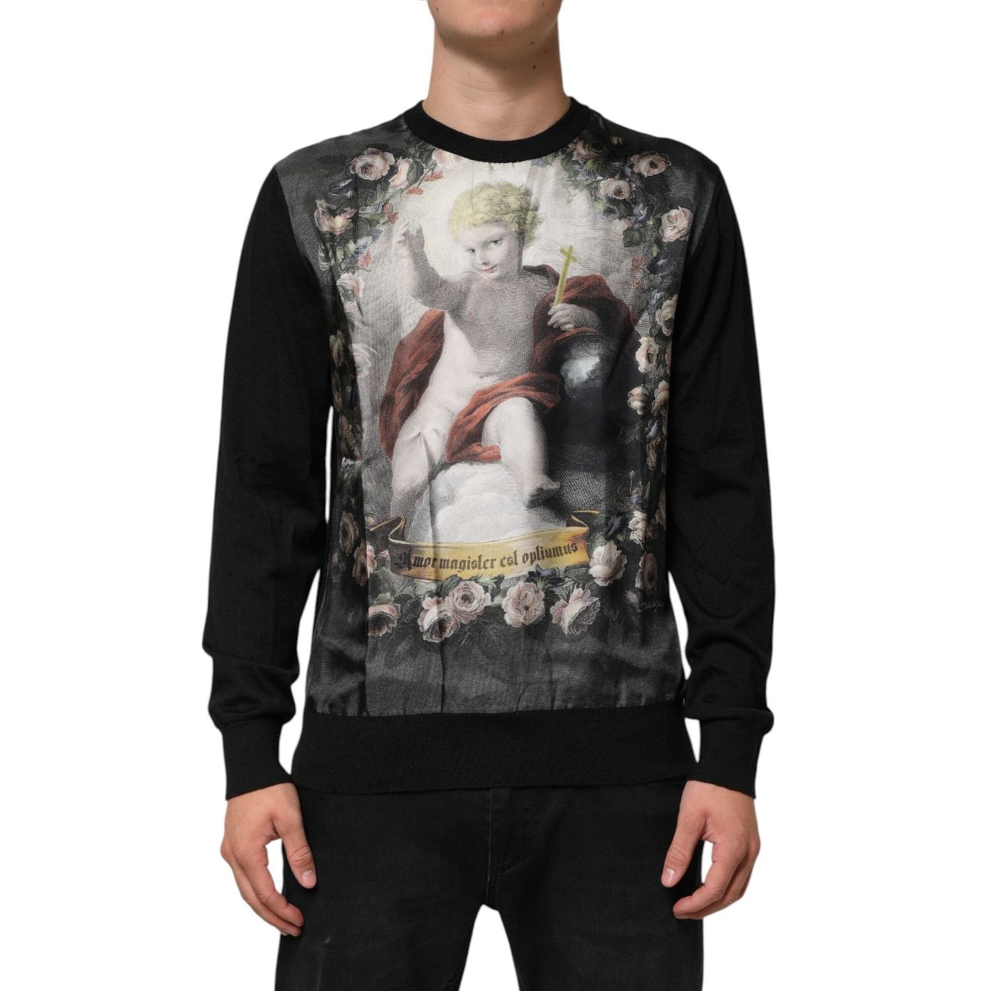 Dolce & Gabbana Black Cashmere Cherub Print Baroque Sweater TSH90304-50
