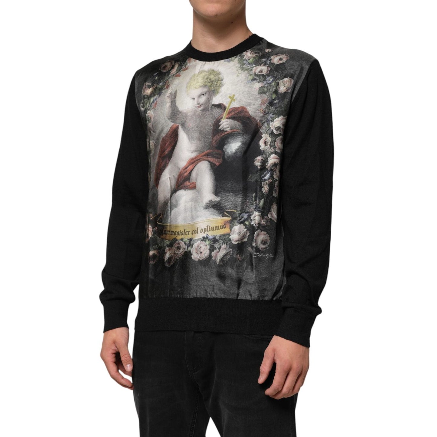Dolce & Gabbana Black Cashmere Cherub Print Baroque Sweater TSH90304-50