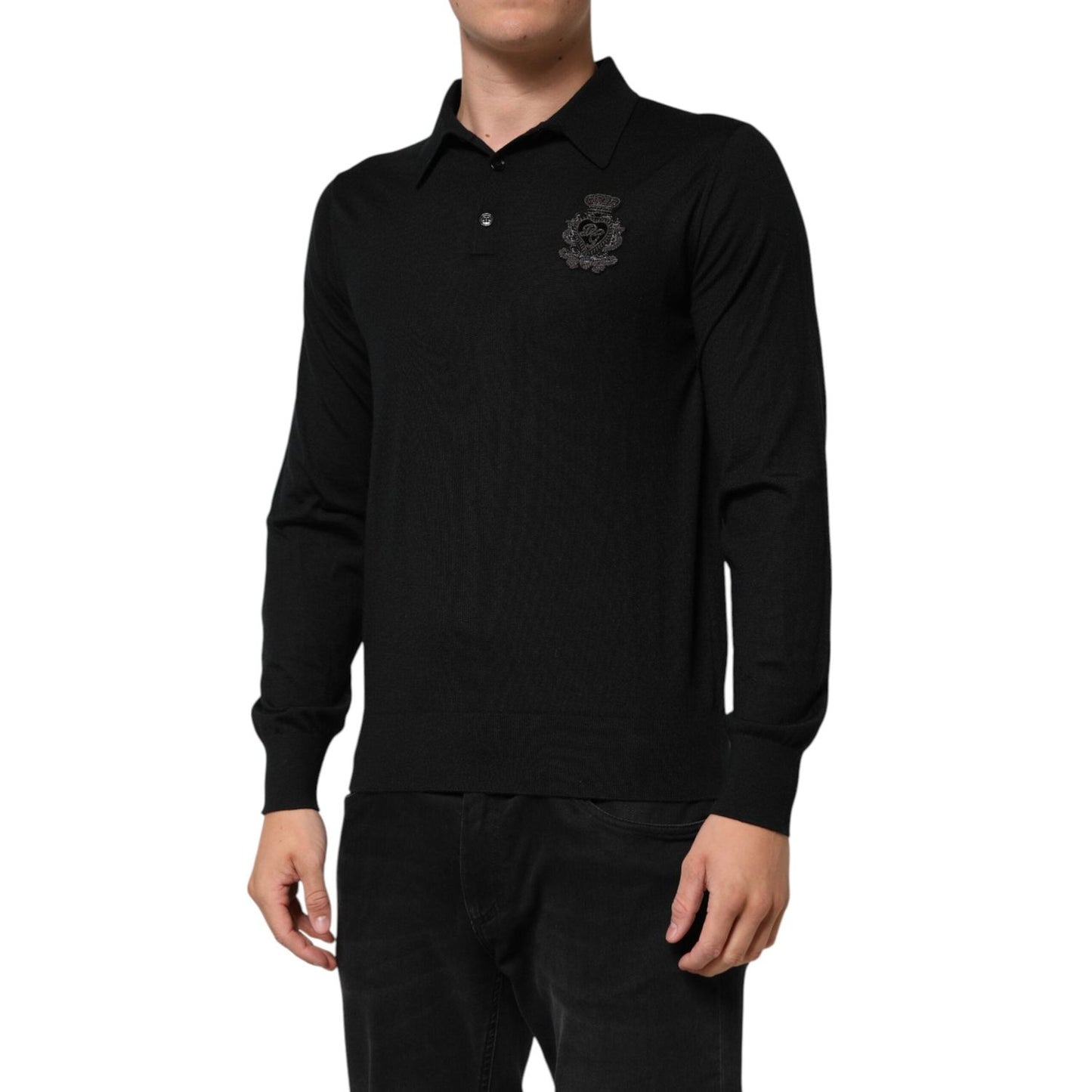 Dolce & Gabbana Black Cashmere Polo Men Longsleeves Sweater TSH90288-48