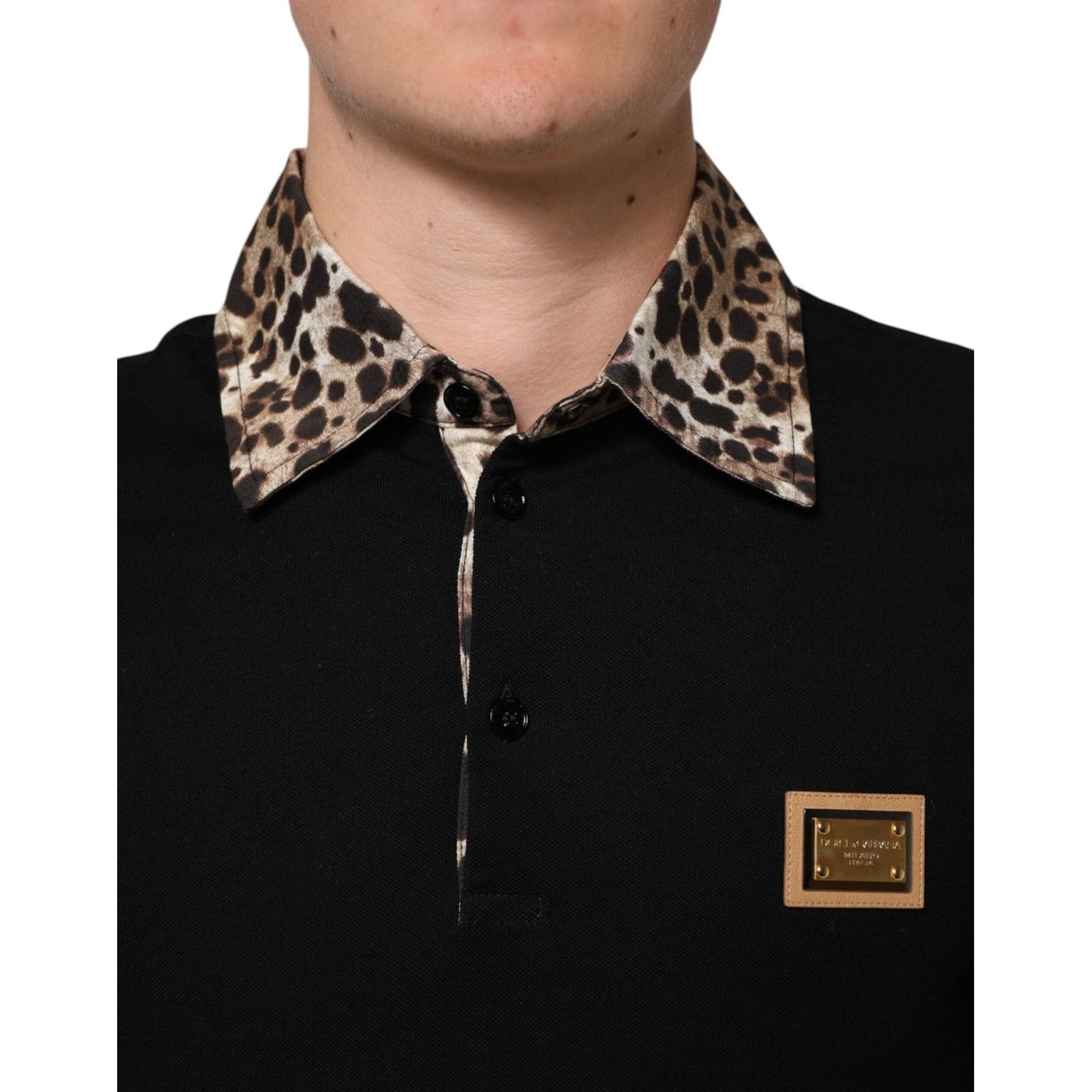 Dolce & Gabbana Black Cotton Leopard Collar Polo T-shirt THS90418-44