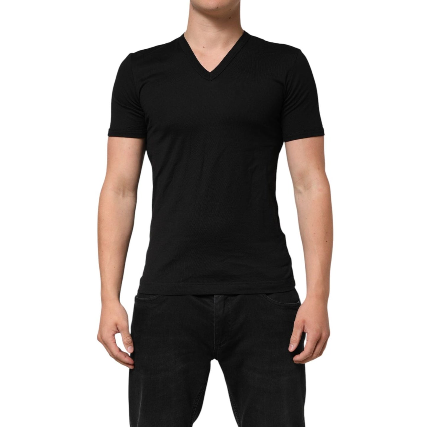 Dolce & Gabbana Black Cotton Plain V-Neck Men Shirt T-shirt TSH90618-44
