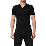 Dolce & Gabbana Black Cotton Plain V-Neck Men Shirt T-shirt TSH90618-44