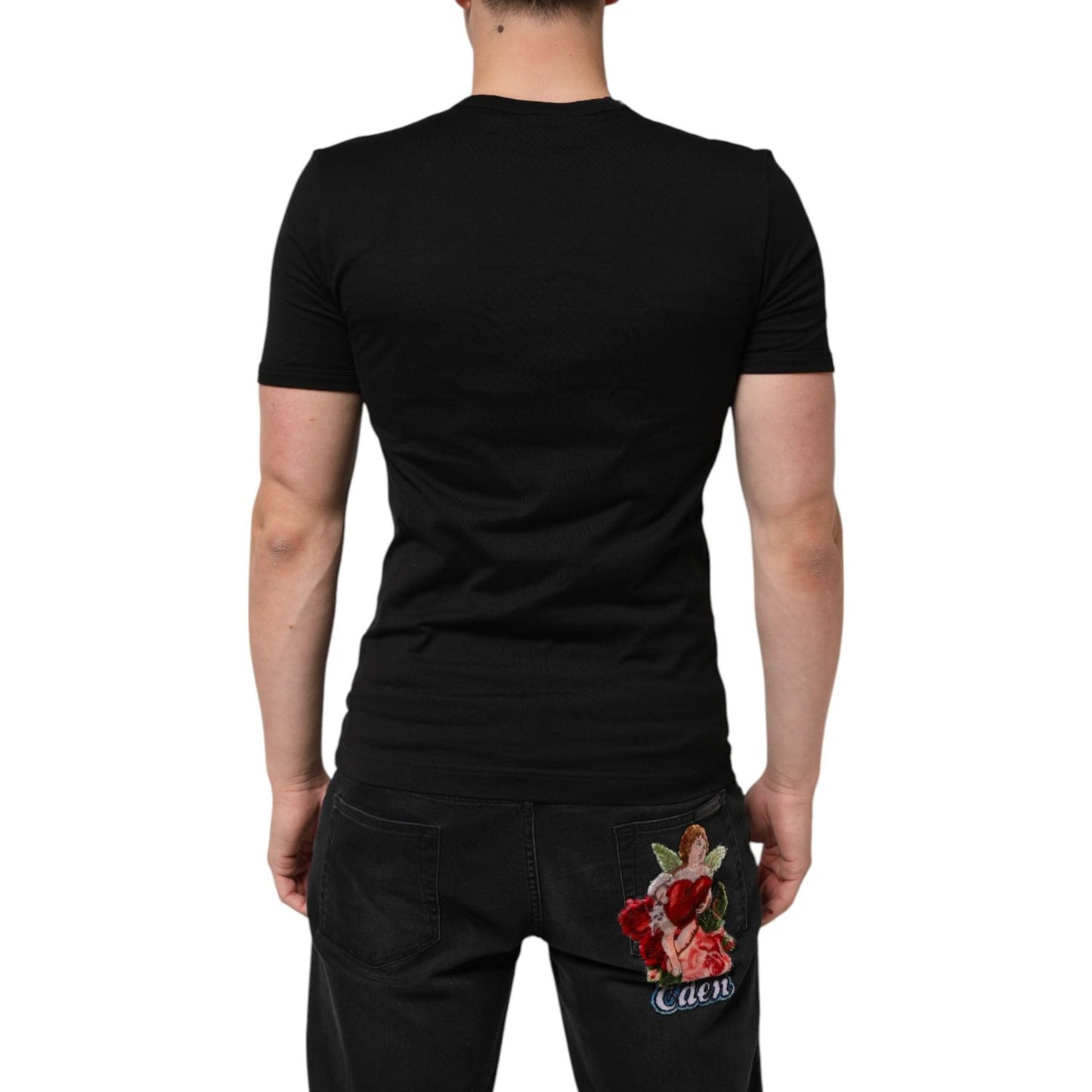 Dolce & Gabbana Black Cotton Plain V-Neck Men Shirt T-shirt TSH90618-44