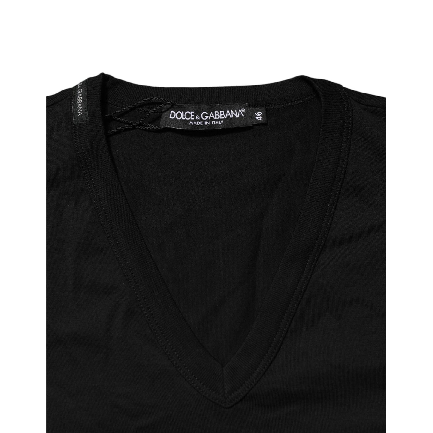 Dolce & Gabbana Black Cotton Plain V-Neck Men Shirt T-shirt TSH90618-44