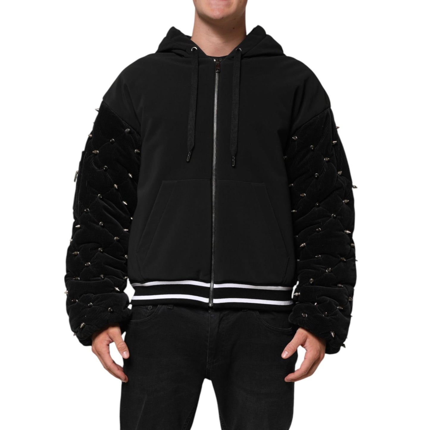 Dolce & Gabbana Black Cotton Quilted Studded Sleeve Hoodie Jacket JKT41536-L