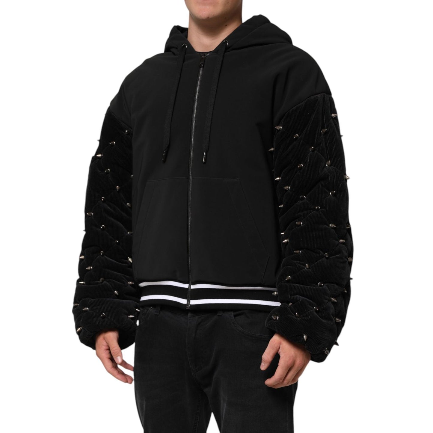Dolce & Gabbana Black Cotton Quilted Studded Sleeve Hoodie Jacket JKT41536-L