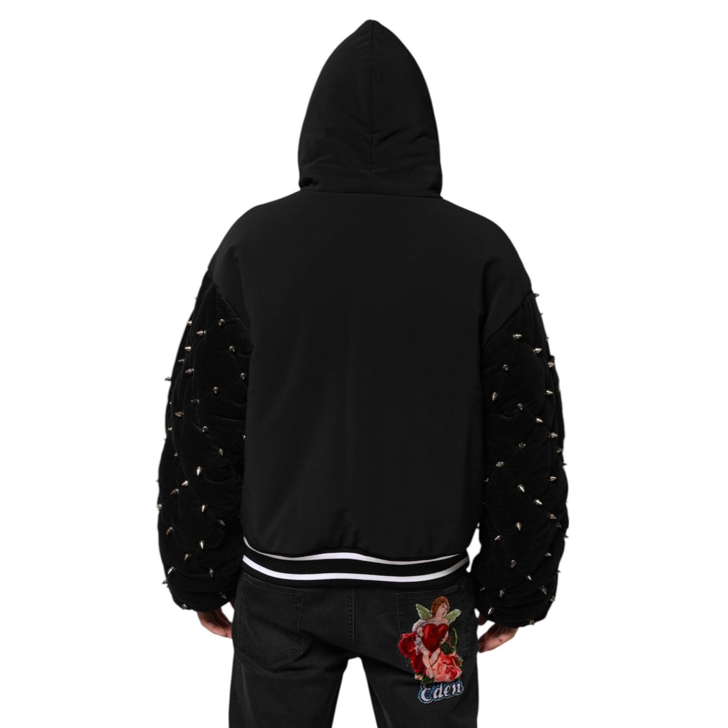 Dolce & Gabbana Black Cotton Quilted Studded Sleeve Hoodie Jacket JKT41536-L