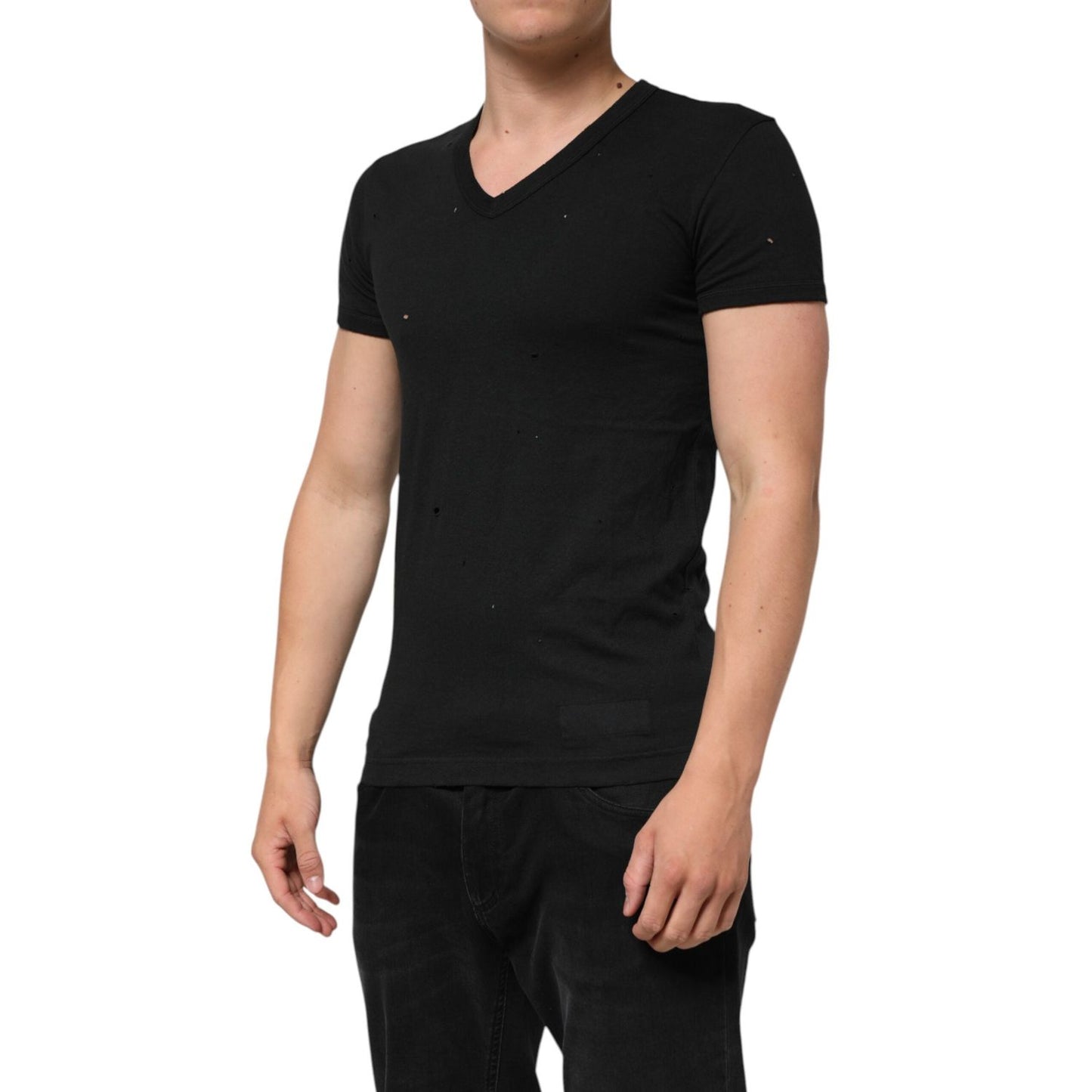 Dolce & Gabbana Black Cotton Tattered Logo V-Neck Men T-shirt TSH90561-44