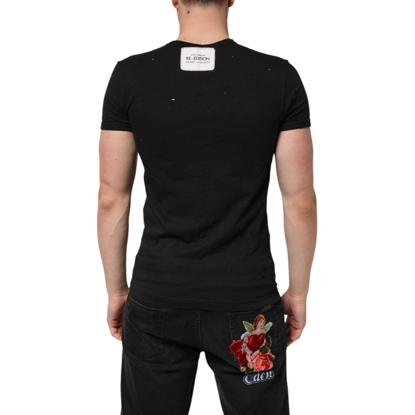 Dolce & Gabbana Black Cotton Tattered Logo V-Neck Men T-shirt TSH90561-44