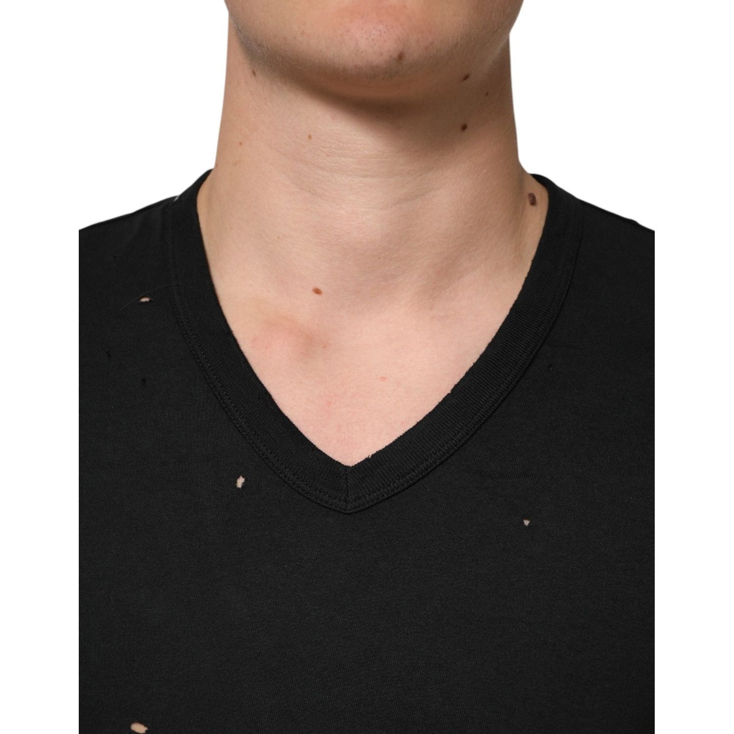 Dolce & Gabbana Black Cotton Tattered Logo V-Neck Men T-shirt TSH90561-44