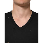 Dolce & Gabbana Black Cotton Tattered Logo V-Neck Men T-shirt TSH90561-44