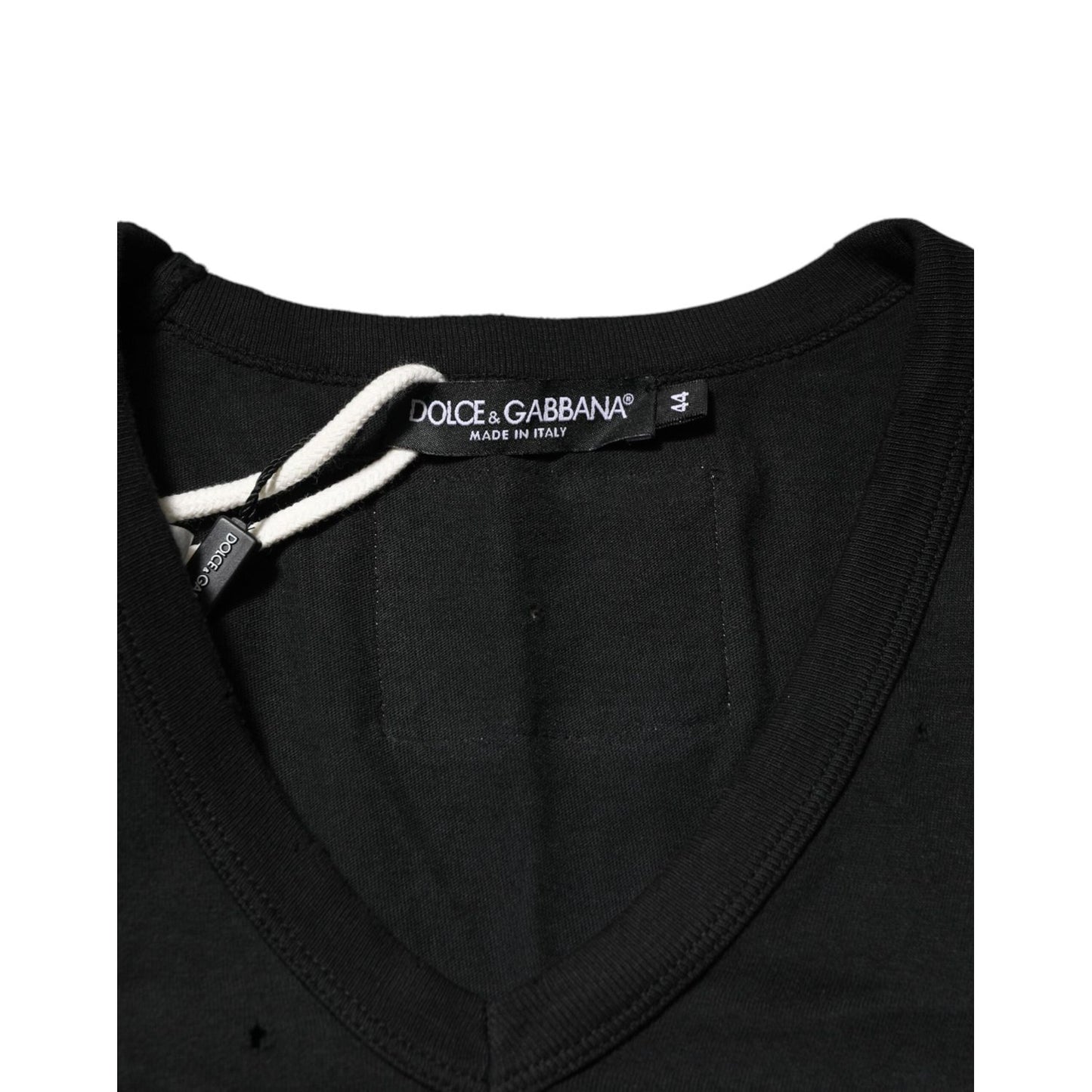 Dolce & Gabbana Black Cotton Tattered Logo V-Neck Men T-shirt TSH90561-44