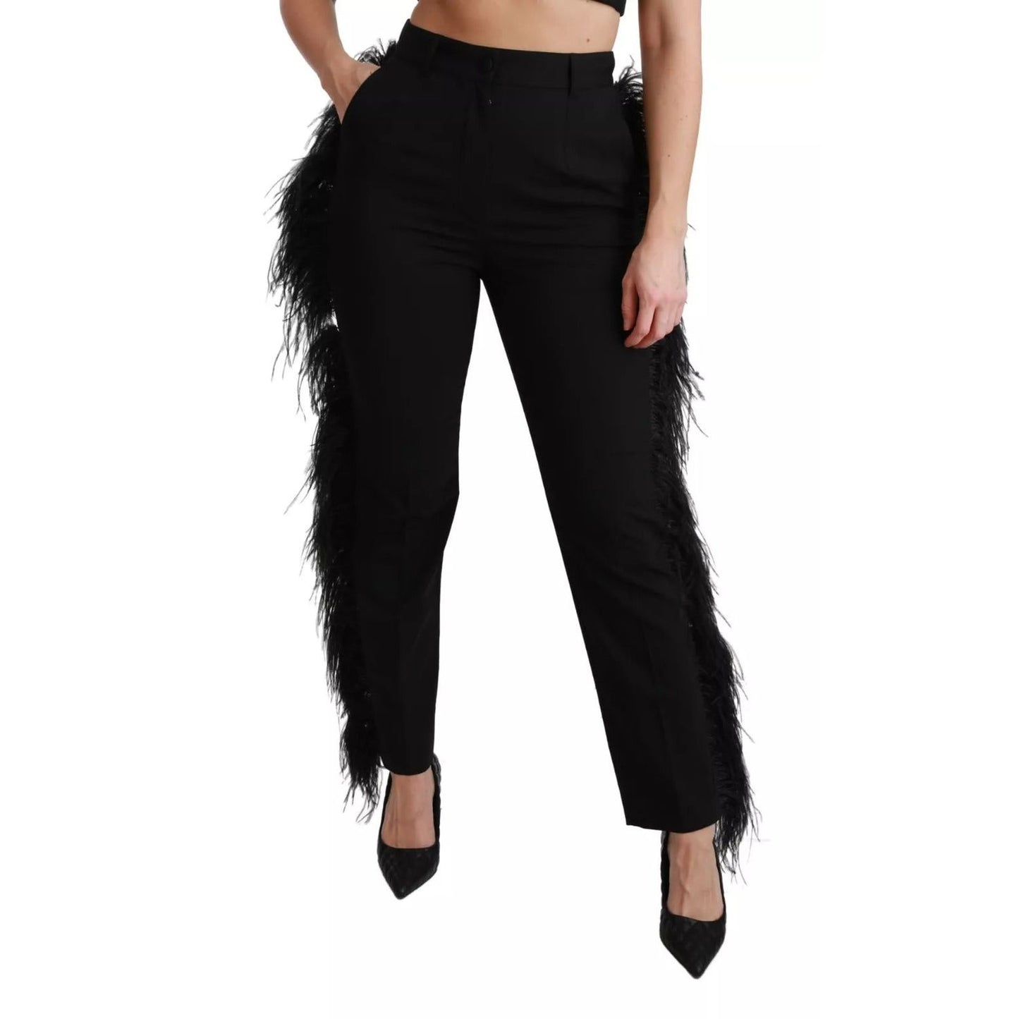 Dolce & Gabbana Black Feather Straight High Waist Pants PAN70949-40