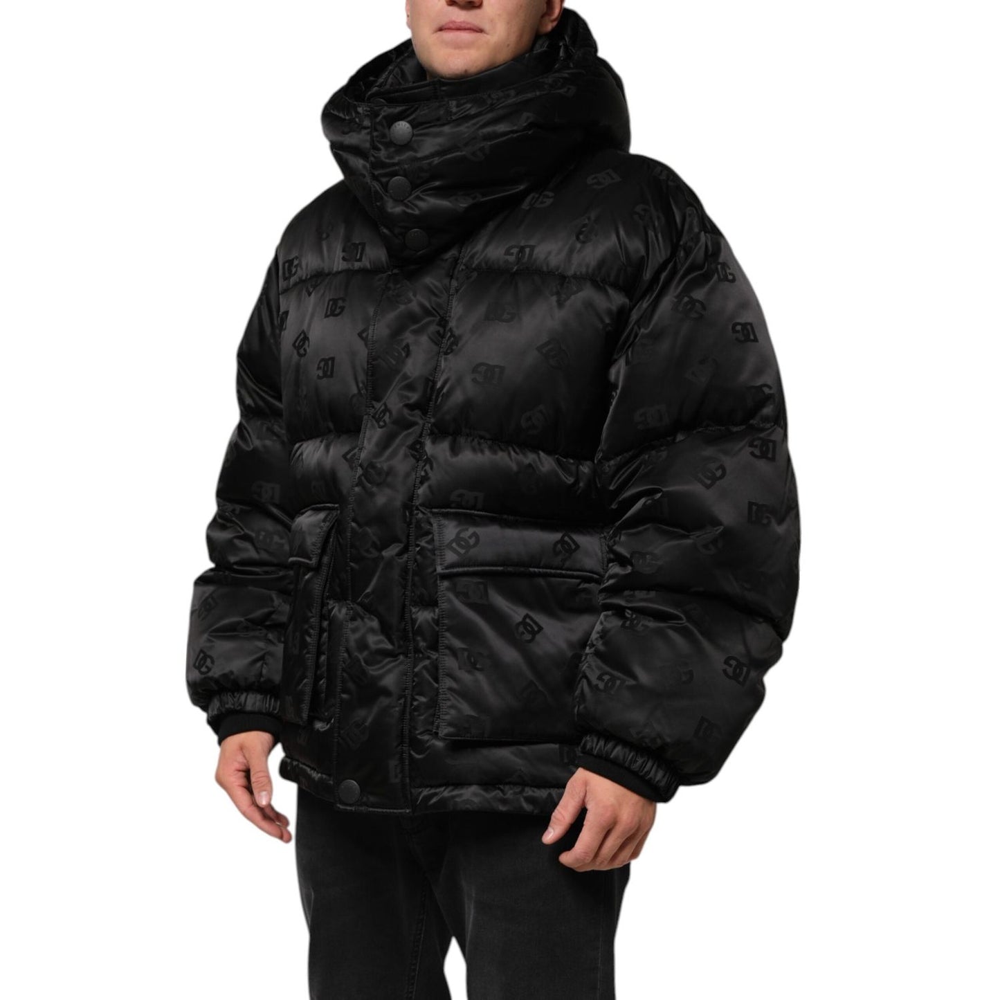 Dolce & Gabbana Black Monogram Logo Puffer Nylon Hooded Jacket JKT41539-M