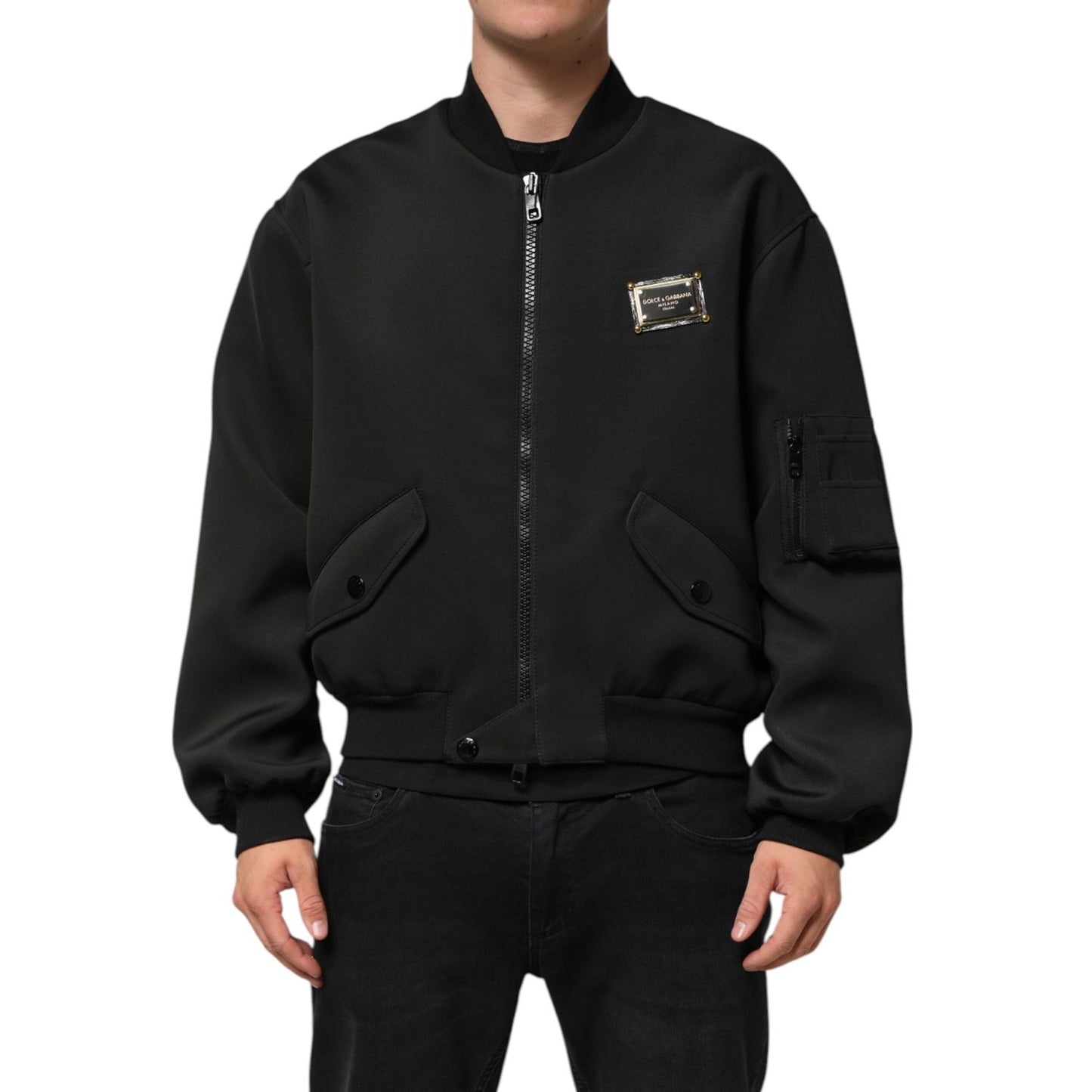 Dolce & Gabbana Black Polyester Logo Plaque Bomber Jacket JKT41573-54