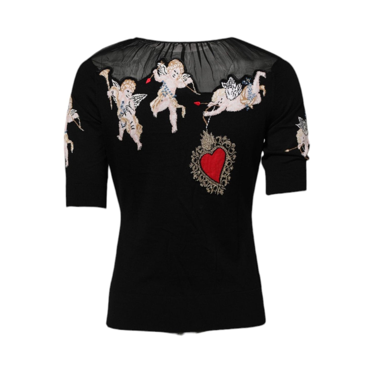 Dolce & Gabbana Black Sacred Heart Embroidered Crewneck Top TSH86833-36