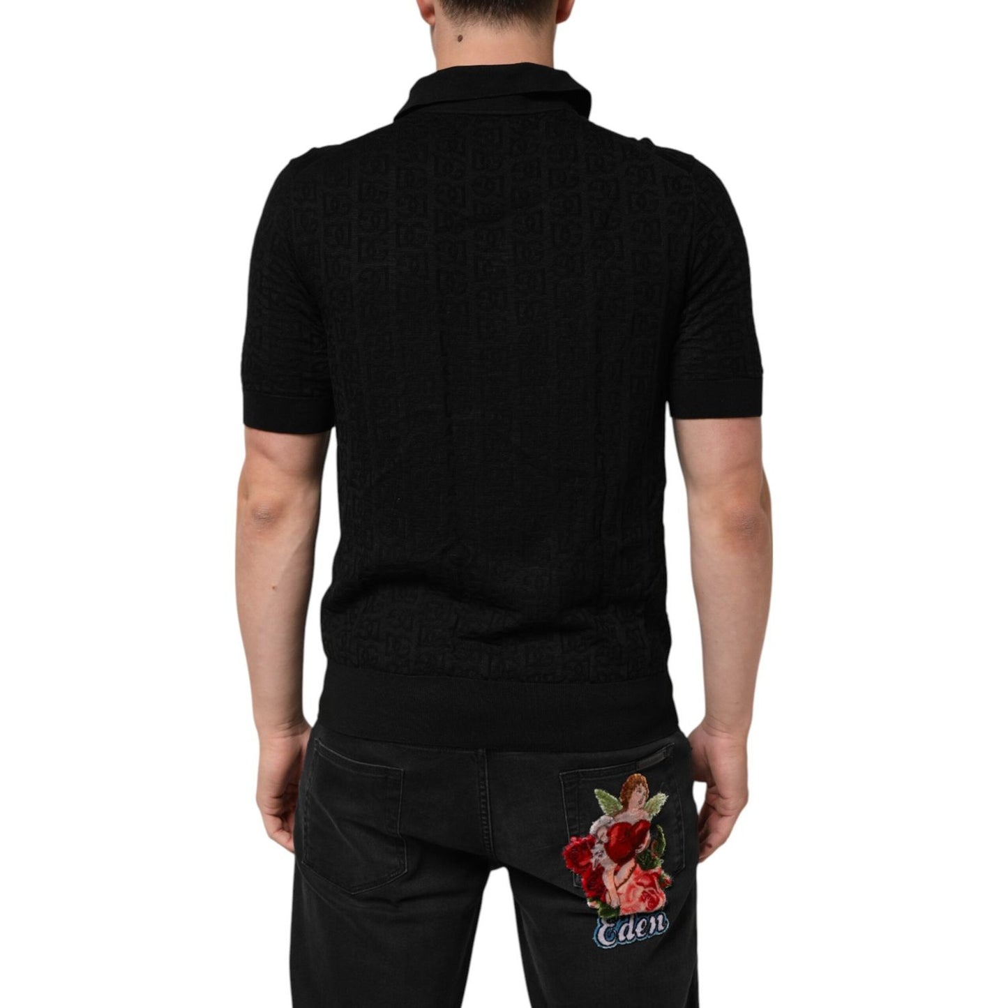 Dolce & Gabbana Black Silk Jacquard DG Polo Shirt T-shirt THS90427-50