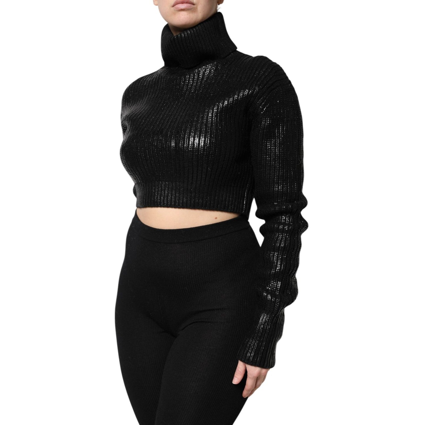 Dolce & Gabbana Black Wool Long Sleeve Turtleneck Cropped Top THS90395-40