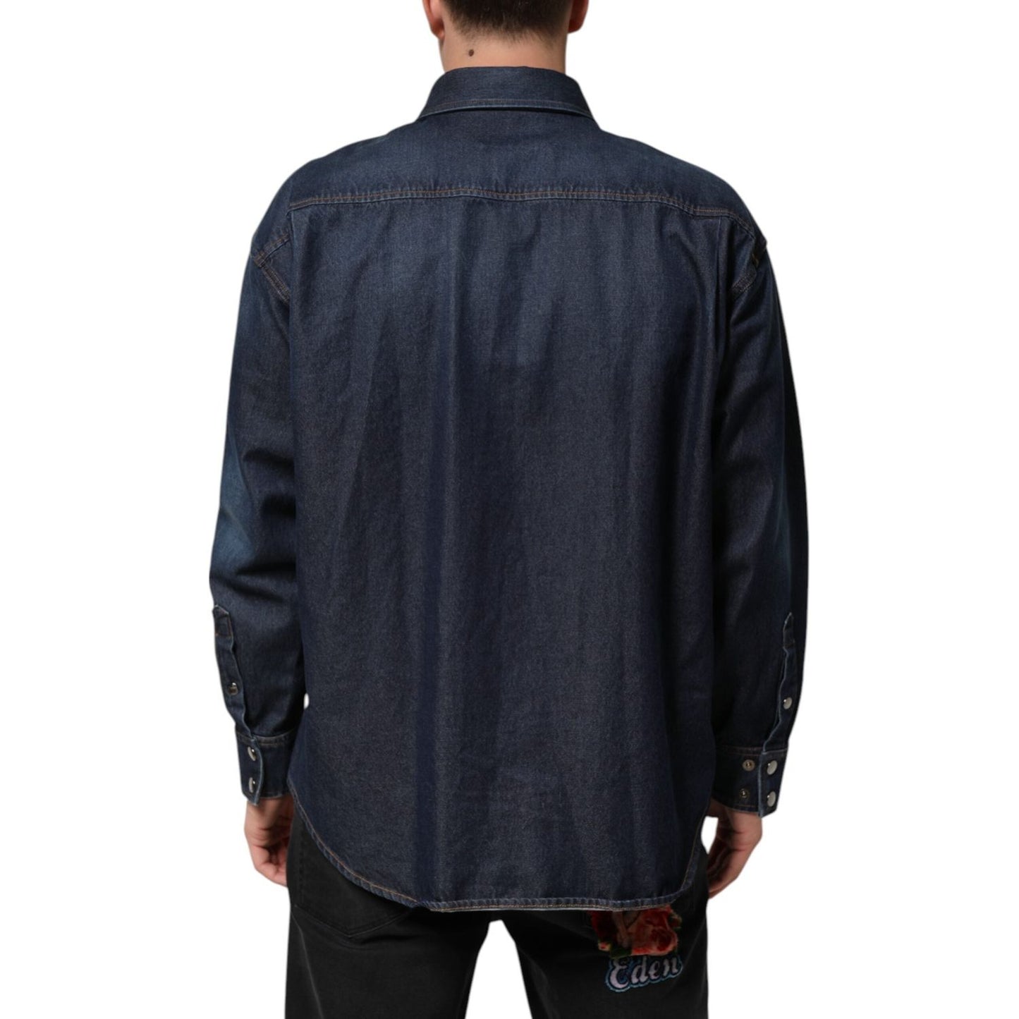 Dolce & Gabbana Blue Denim Button Casual Logo Patch Men Shirt TSH90587-37