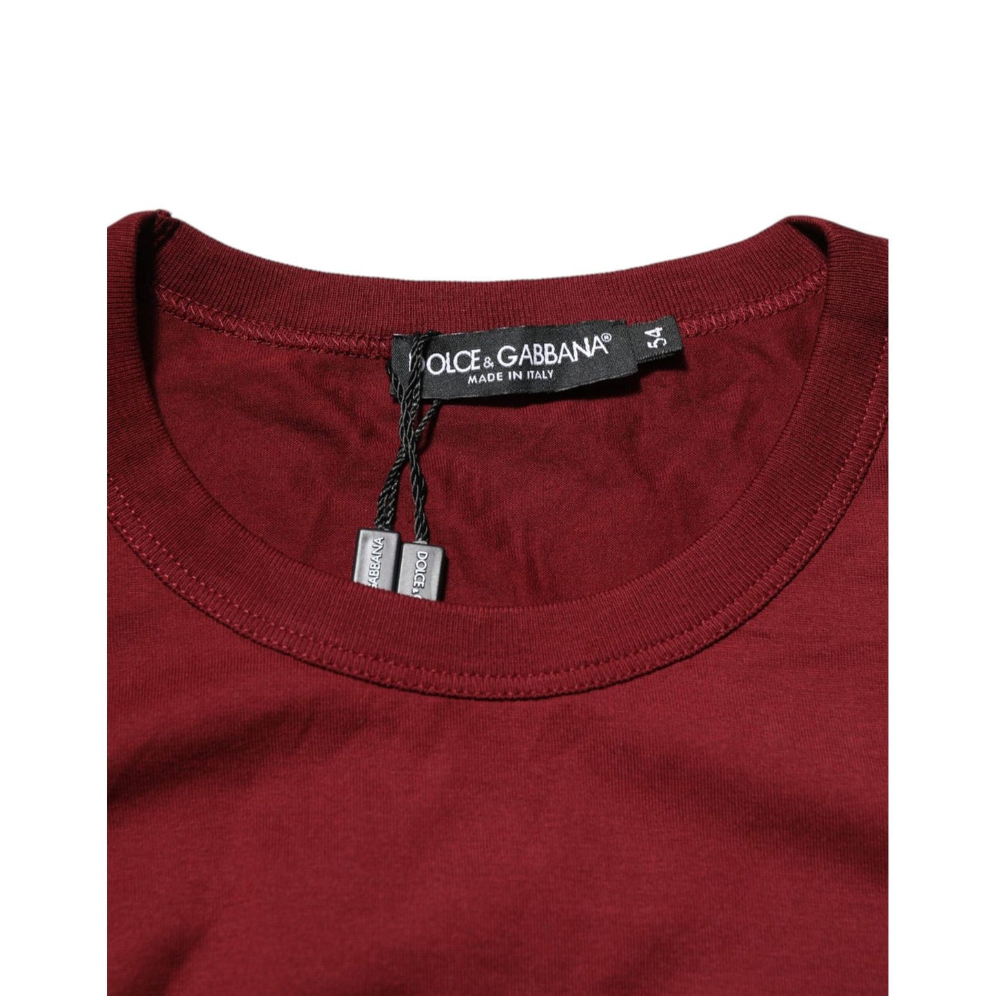 Dolce & Gabbana Bordeaux Red Cotton Crest Logo Patch T-Shirt with crew neck detail and brand tag