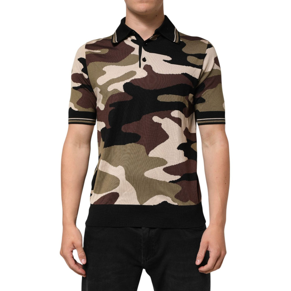 Dolce & Gabbana Camouflage Brown Silk Military Polo T-shirt THS91066-48
