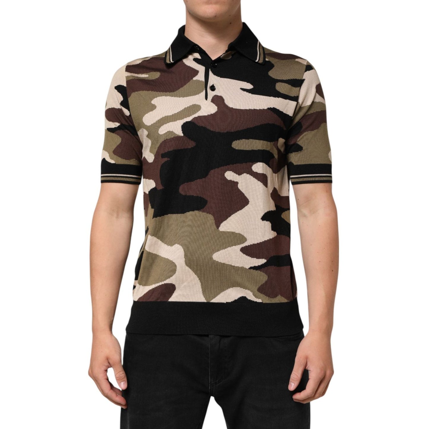 Dolce & Gabbana Camouflage Brown Silk Military Polo T-shirt THS91066-48