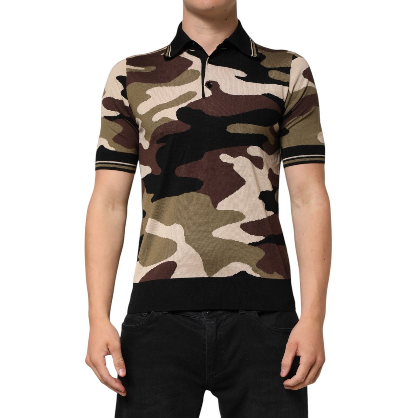 Dolce & Gabbana Camouflage Brown Silk MilitaryPolo T-shirt TSH90498-44