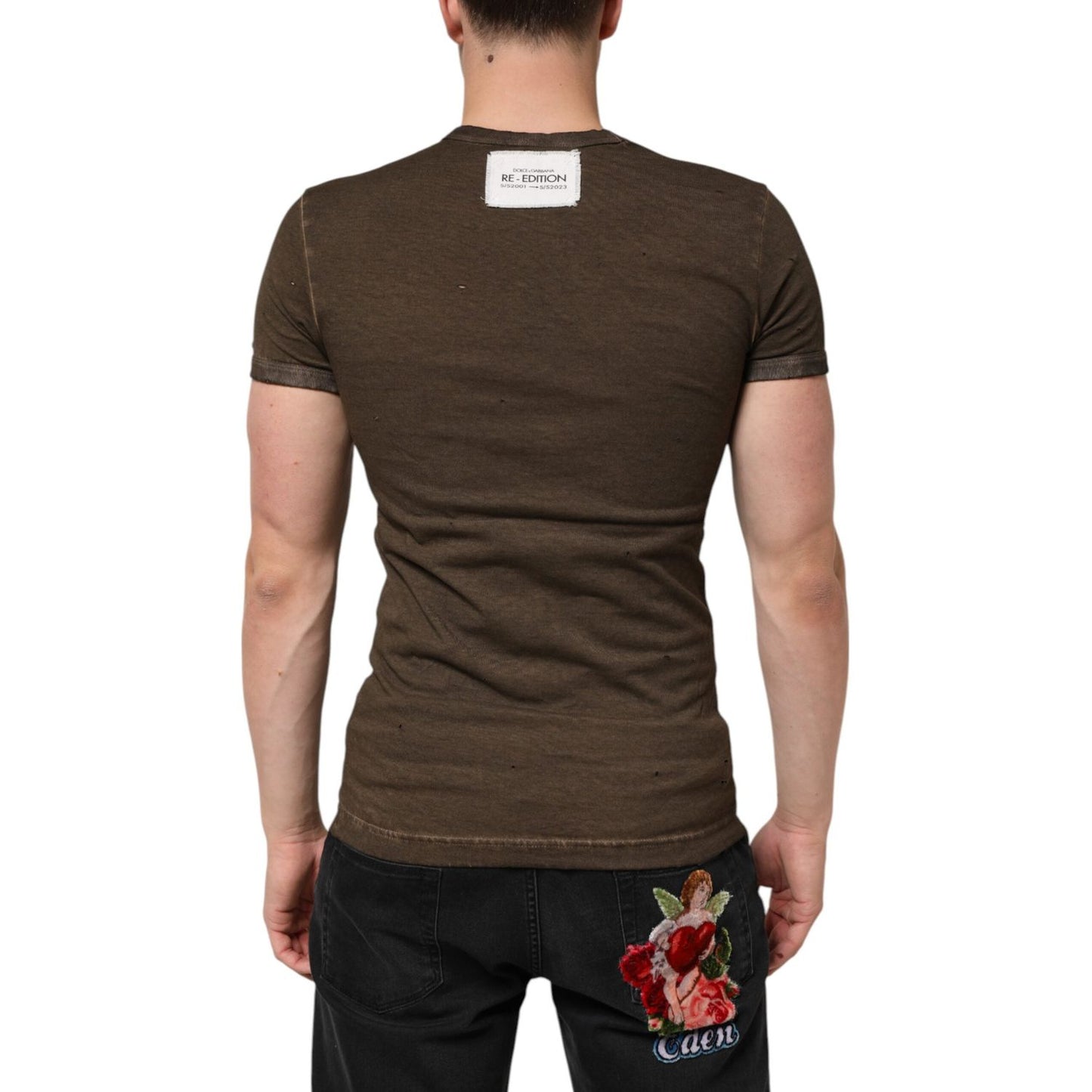 Dolce & Gabbana Dark Brown Cotton Tattered Logo Men T-shirt TSH90558-44