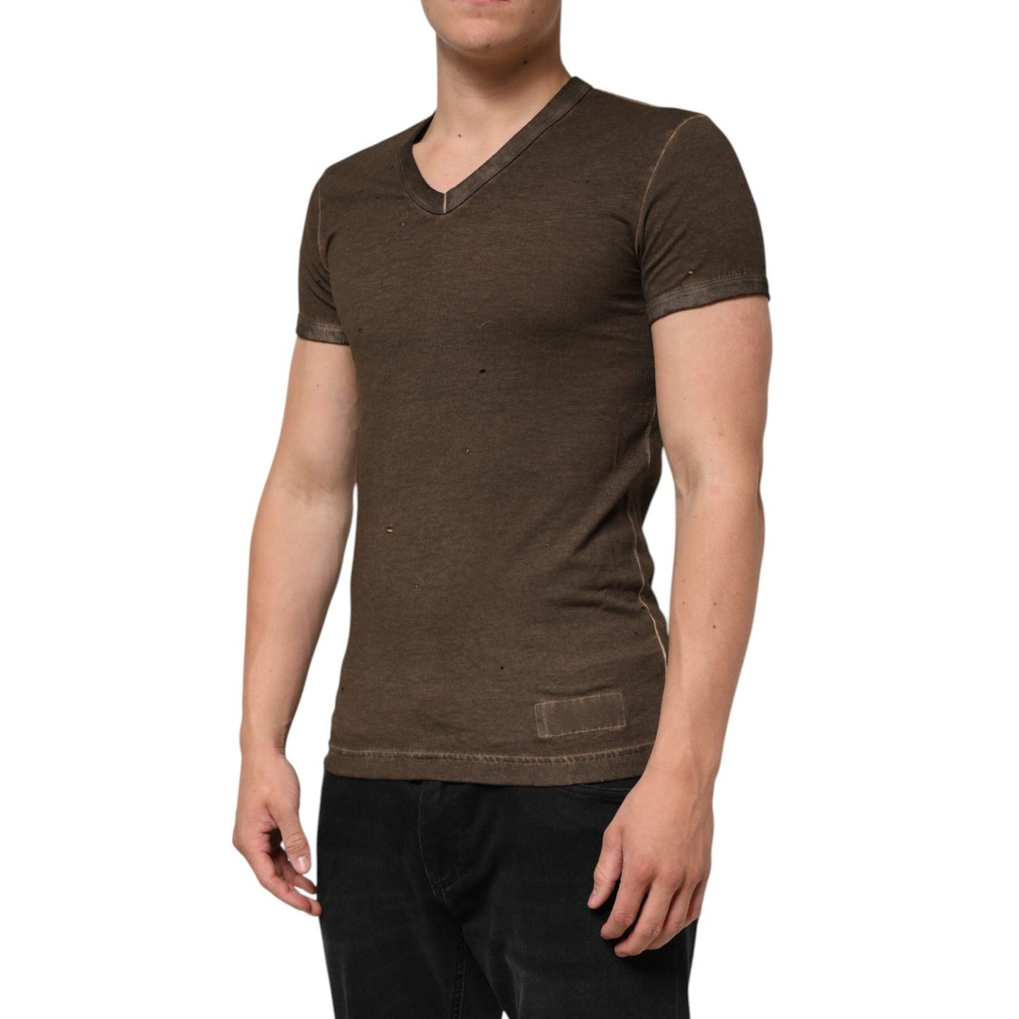 Dolce & Gabbana Dark Brown Cotton Tattered Logo Men T-shirt TSH90558-44