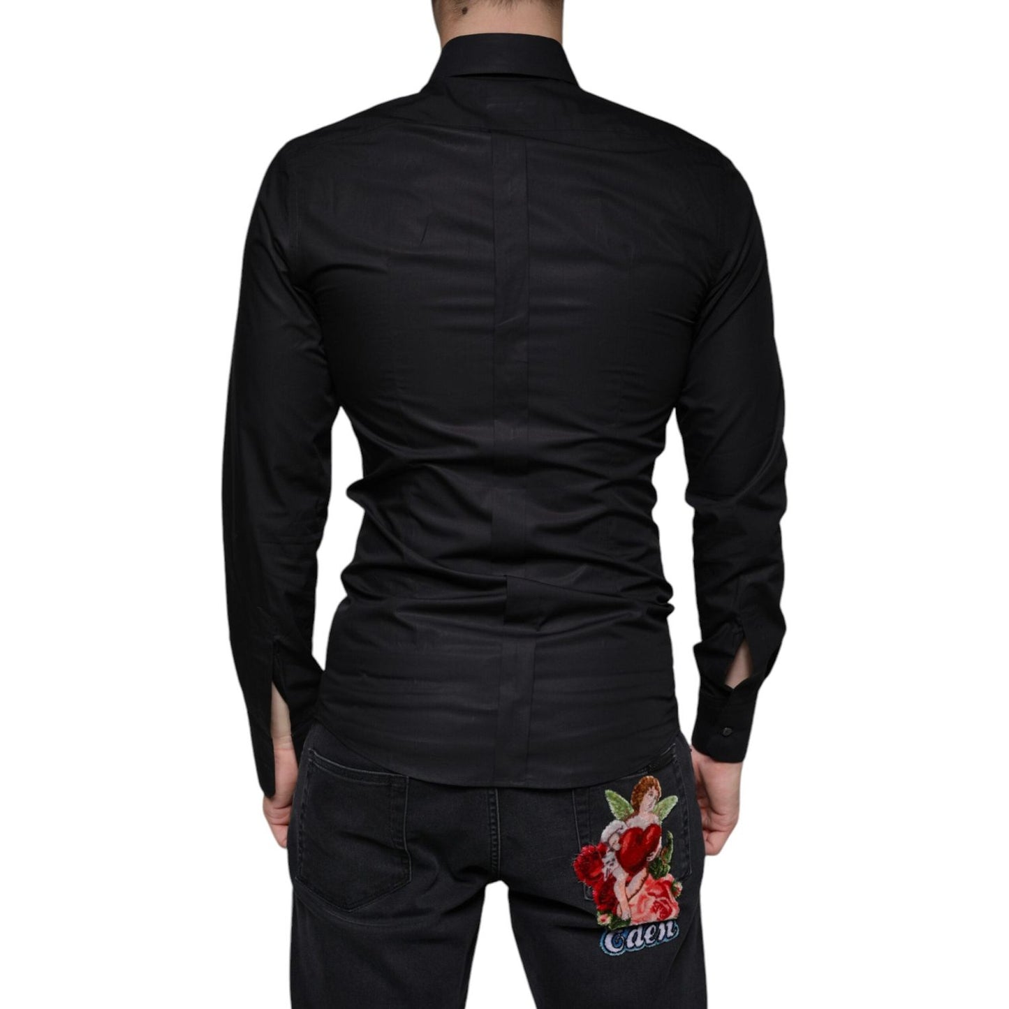 Dolce & Gabbana Black Cotton Stretch Dress GOLD Formal Shirt TSH86319-38