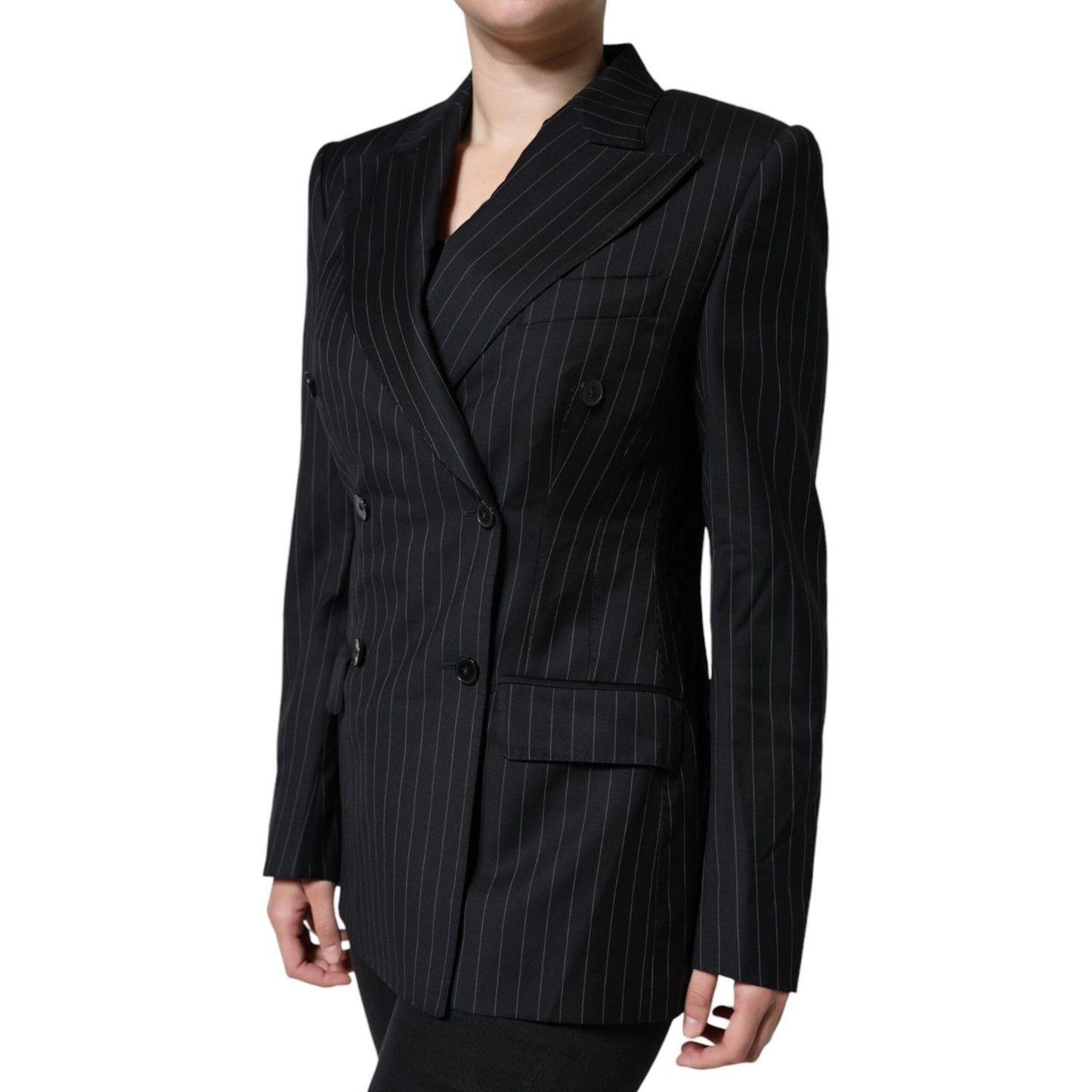 Dolce & Gabbana Black Striped Double Breasted Coat Jacket JKT4176-44