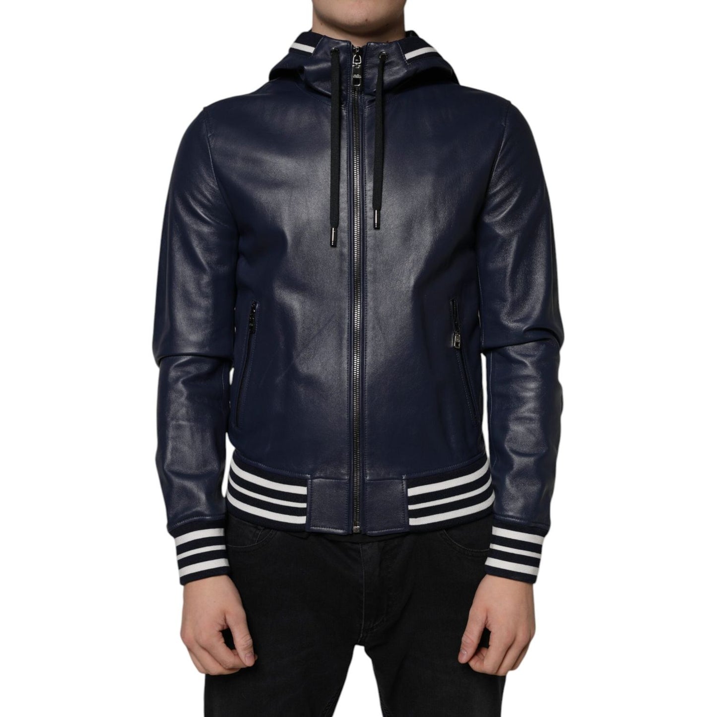 Dolce & Gabbana Blue Leather Full Zip Hooded Bomber Jacket JKT3902-46