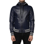 Dolce & Gabbana Blue Leather Full Zip Hooded Bomber Jacket JKT3902-46