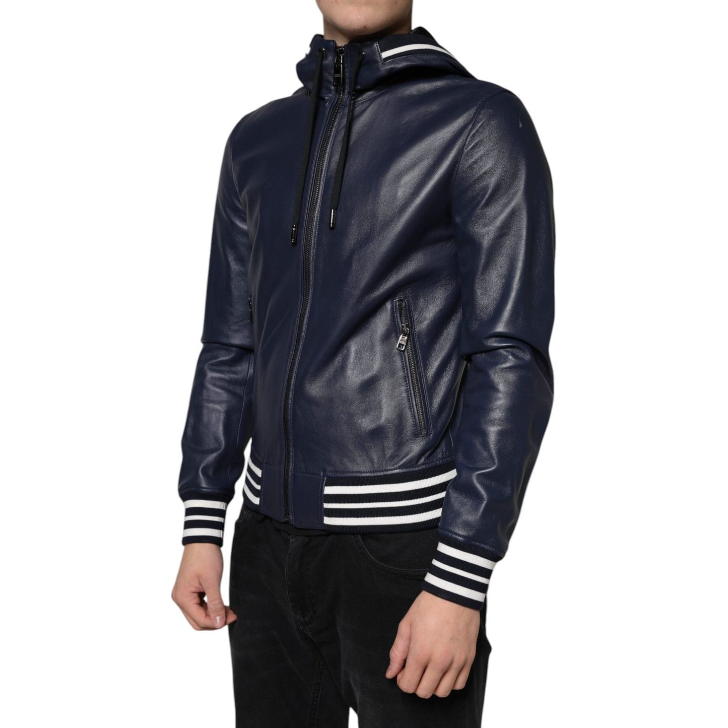 Dolce & Gabbana Blue Leather Full Zip Hooded Bomber Jacket JKT3902-46